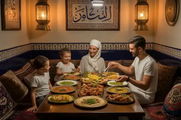 عائلة تتناول الطعام العربي في مطعم بشارع إدجوير رود
