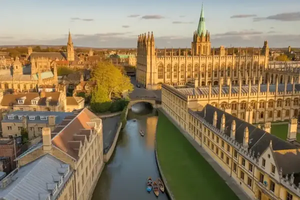 Oxford college spires and a river seen from above