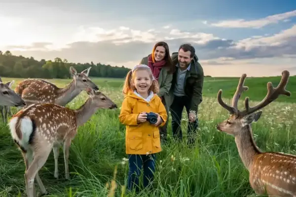 A family photographing deer in the long grass of Richmond Park
