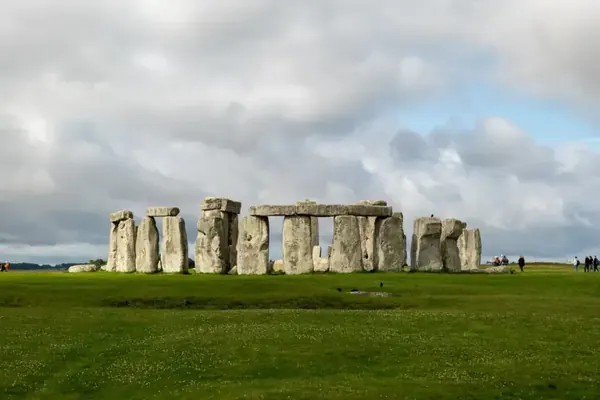 Stonehenge standing on Salisbury Plain under a grey sky