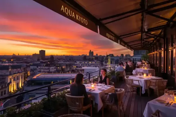 Diners at sunset on a rooftop restaurant terrace in London